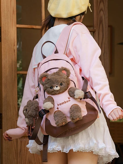 Pink Plush Backpack With A Detachable Brown Bear Doll