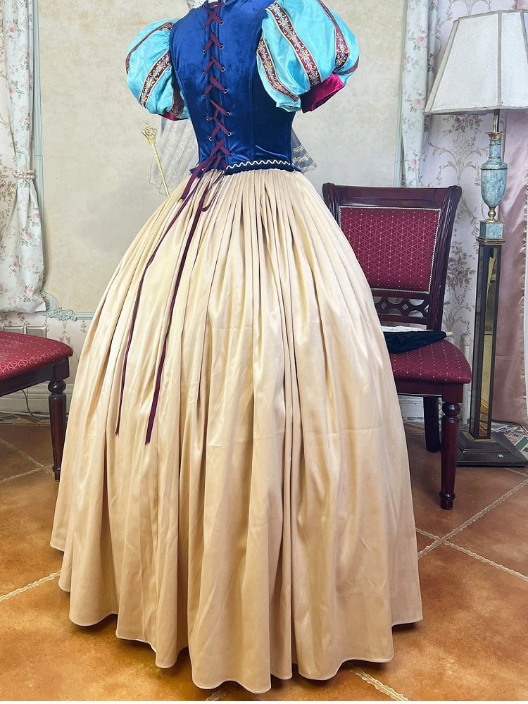 Snow White Full Set- Blue Boned Corset + Golden Skirt + Lace Collar + Red Bow Hairclip