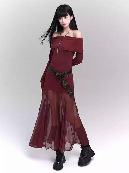 Wine Red Semi-sheer Off-the-shoulder Neckline Glamorous Dress
