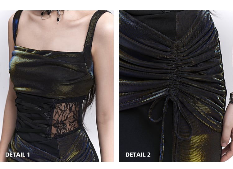 Black Lace Patches Waist Drawstring Hip Sleeveless Dress