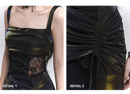 Black Lace Patches Waist Drawstring Hip Sleeveless Dress
