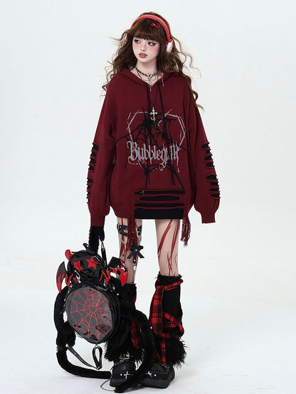 Wine Red Gothic Spiderweb Distressed Holes Hooded Sweater