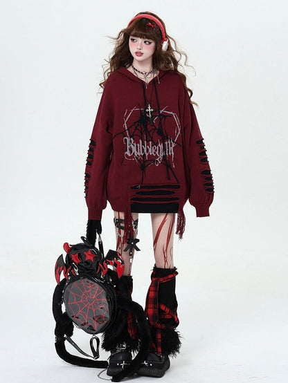 Wine Red Gothic Spiderweb Distressed Holes Hooded Sweater