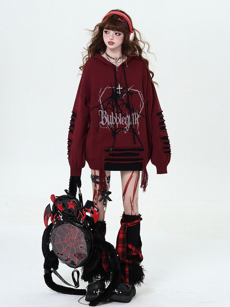 Wine Red Gothic Spiderweb Distressed Holes Hooded Sweater