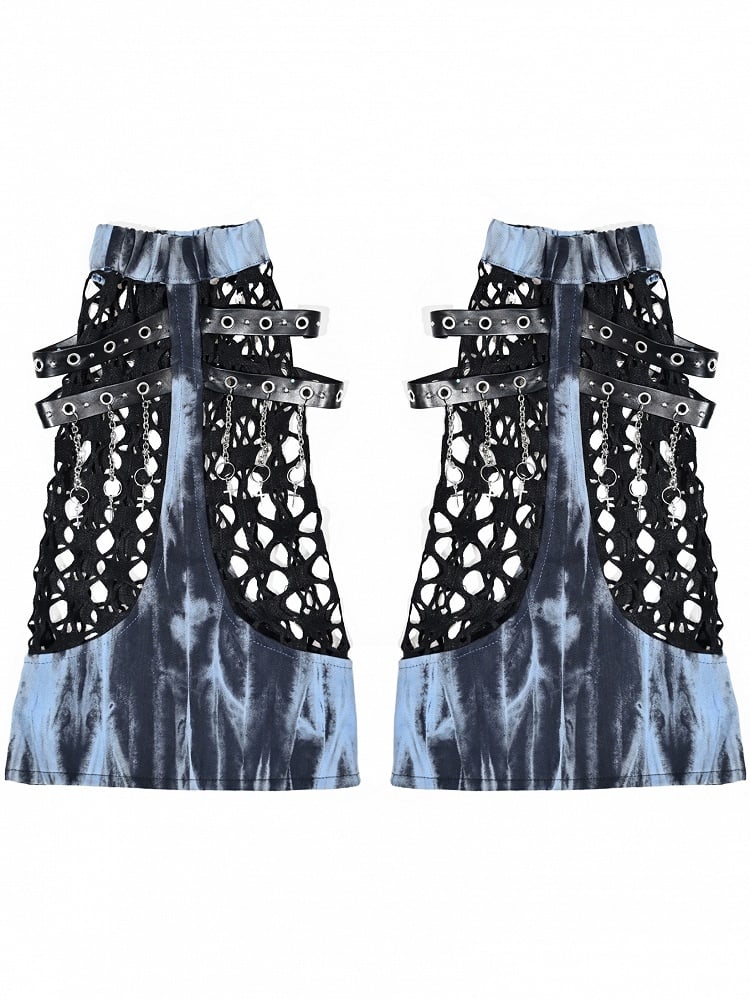 Grunge Punk Rock Mesh Patchwork Blue and Black Tie Dye Leg Warmers PU Straps with Chains Design