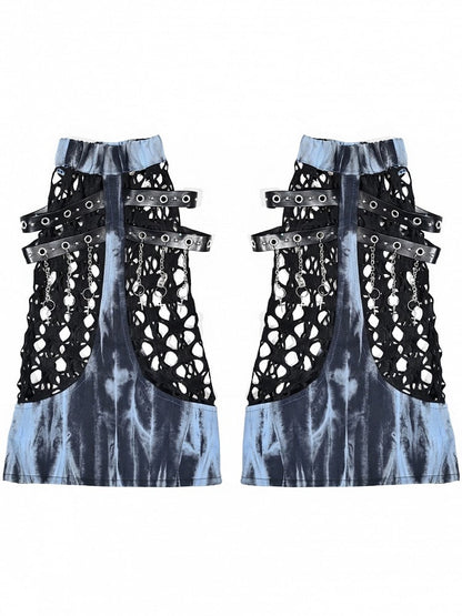 Grunge Punk Rock Mesh Patchwork Blue and Black Tie Dye Leg Warmers PU Straps with Chains Design
