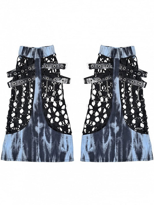 Grunge Punk Rock Mesh Patchwork Blue and Black Tie Dye Leg Warmers PU Straps with Chains Design