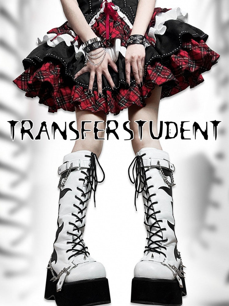 White and Black Punk Goth Platform Boots Spike Studs Chains Knee-high Boots