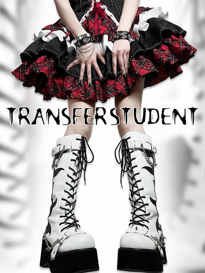 White and Black Punk Goth Platform Boots Spike Studs Chains Knee-high Boots