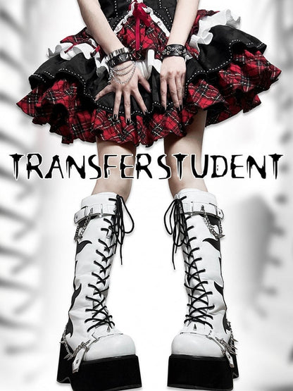 White and Black Punk Goth Platform Boots Spike Studs Chains Knee-high Boots