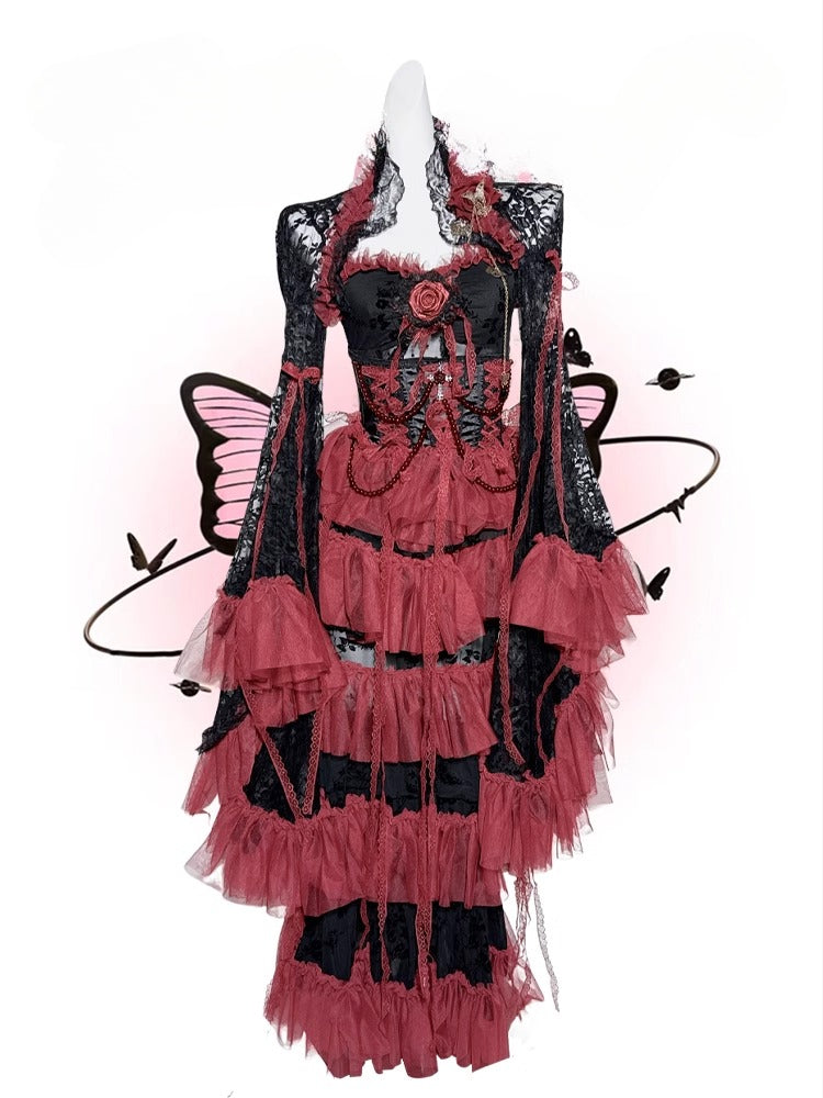 Black&Red Gothic Set- Cami Top+Lace Bell Sleeves Bolero+ Lace-up Detail Beaded Chain Tiered Skirt
