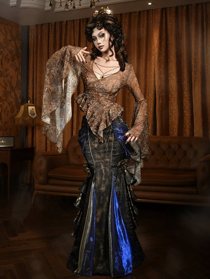 Gold V-neck Wide Flounce Sleeves Top with Removable Bead Chain on Neckline