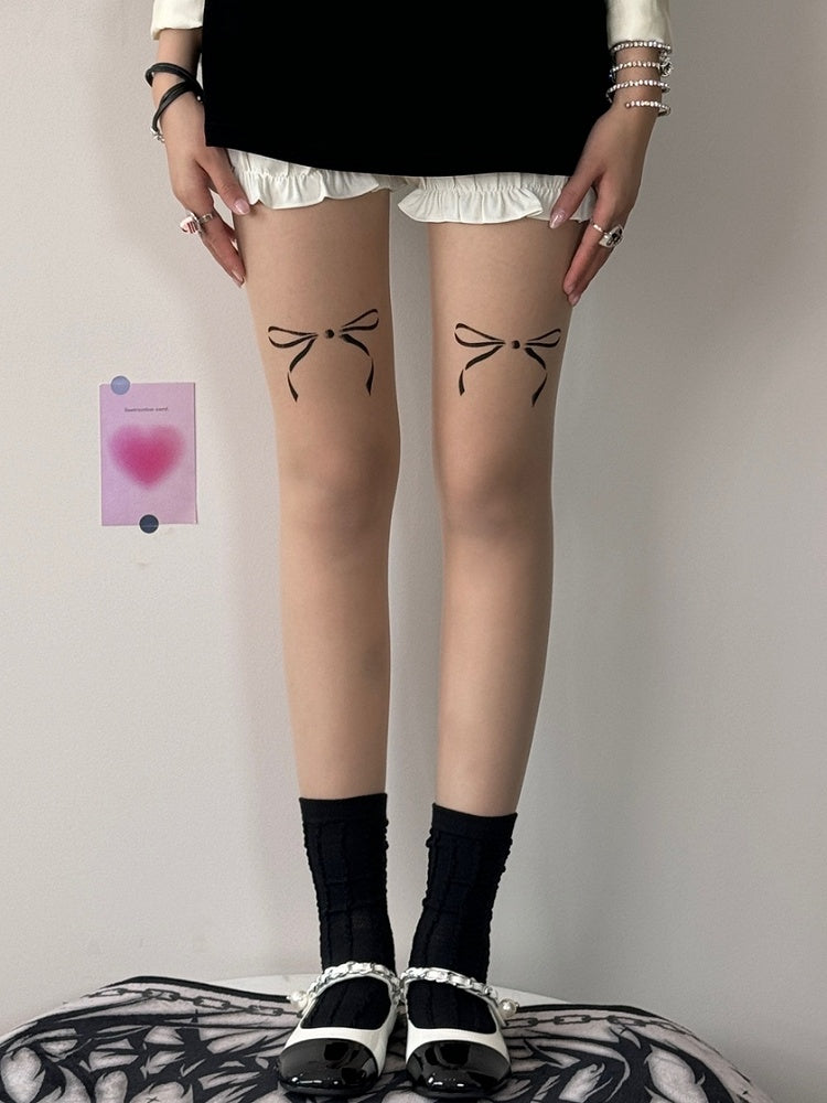Nude Bowknot Print Tights