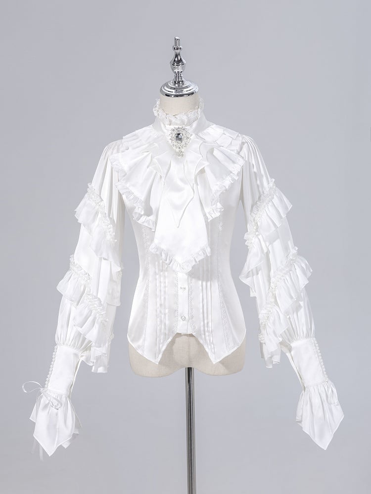 Ruffled High Neck Black Bead Chain and Cascading Ruffles Long Sleeves Siren Shirt