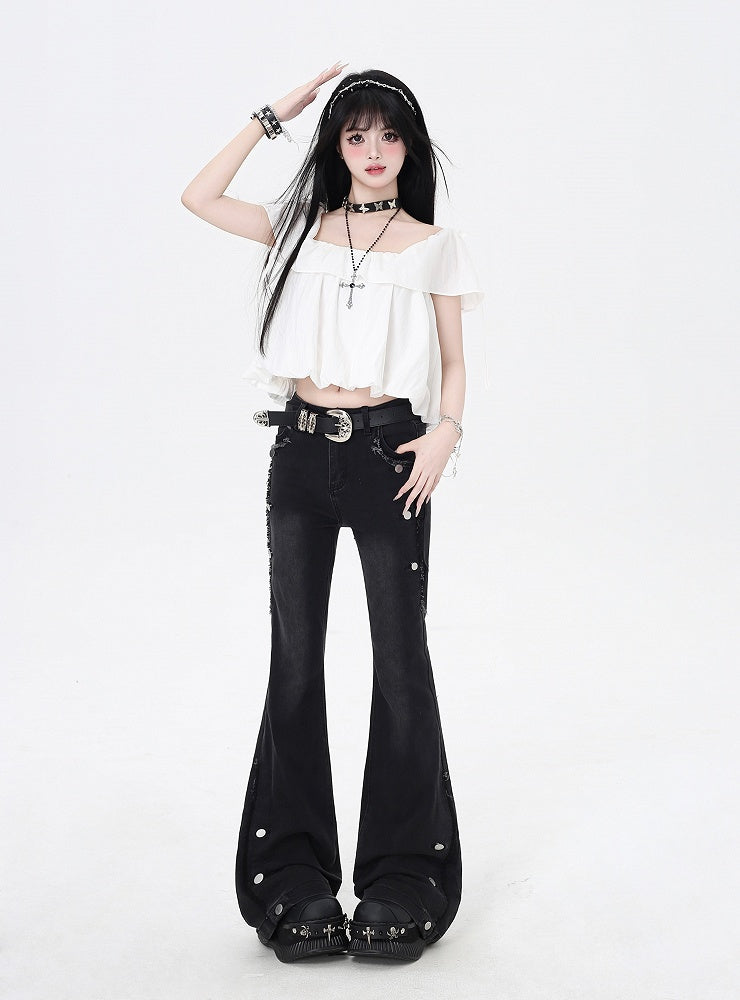 Black Raw Hem Vintage Glamorous Flared Jeans