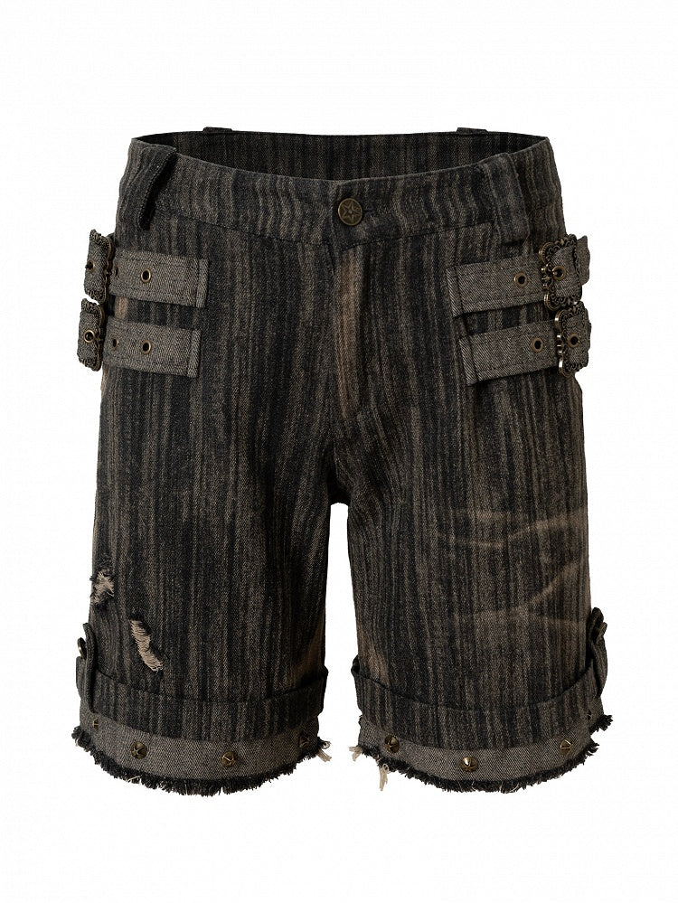 Black Wasteland Punk Studs Decorated Buckle Details Faded Wash Shorts