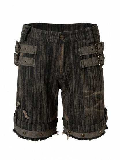 Black Wasteland Punk Studs Decorated Buckle Details Faded Wash Shorts