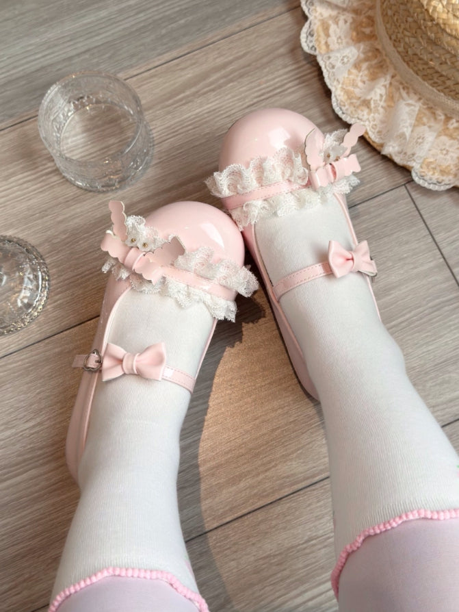 Sakura Pink Flat Lolita Shoes - PU Leather with Ruffled Lace Edging, Bow Embellishments & Functional Heart Snap