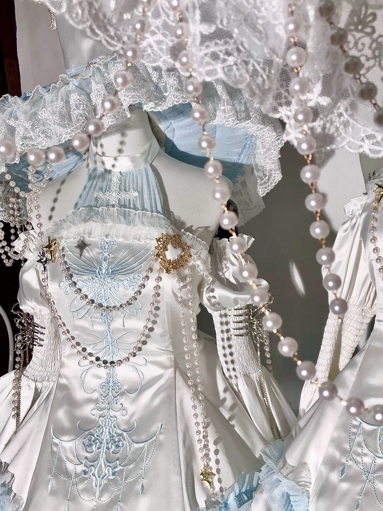 Blue and White Cross Illusion Halter Neck Witch Lolita Backless Dress Gothic JSK Halloween Outfit