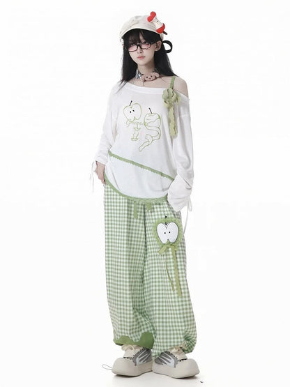 Green Plaid Pattern Apple Embroidery Drawstring Cuffs Casual Pants with Self-tie Belt