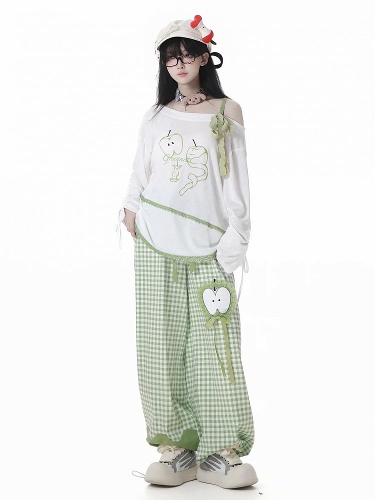 Green Apple Print Drawstring Cuffs White Asymmetrical Neckline Coverup