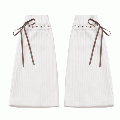 Brown Bowknot Accents White Knit Leg Warmers