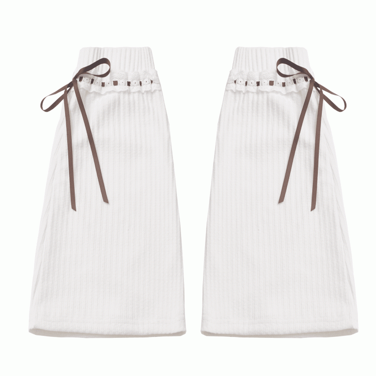 Brown Bowknot Accents White Knit Leg Warmers