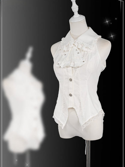 Black and White Prince Ouji Lolita Outfit - White Sleeveless Shirt + Black Cropped Top + Hiigh Waist Blommer Shorts Full Set
