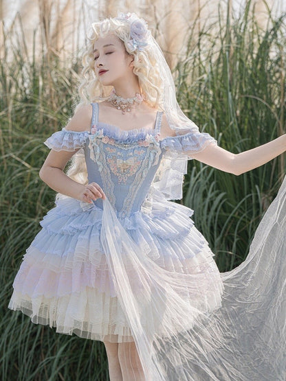 Blue Princess Lolita Corset Dress Floral Embroidery Jumper Skirt