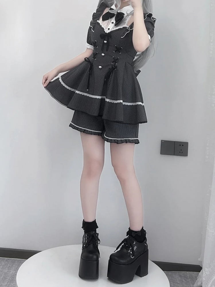 Jirai Kei Black Striped Set : Lace Patches Neckline Lace-up Waist Top + Shorts + Bowtie