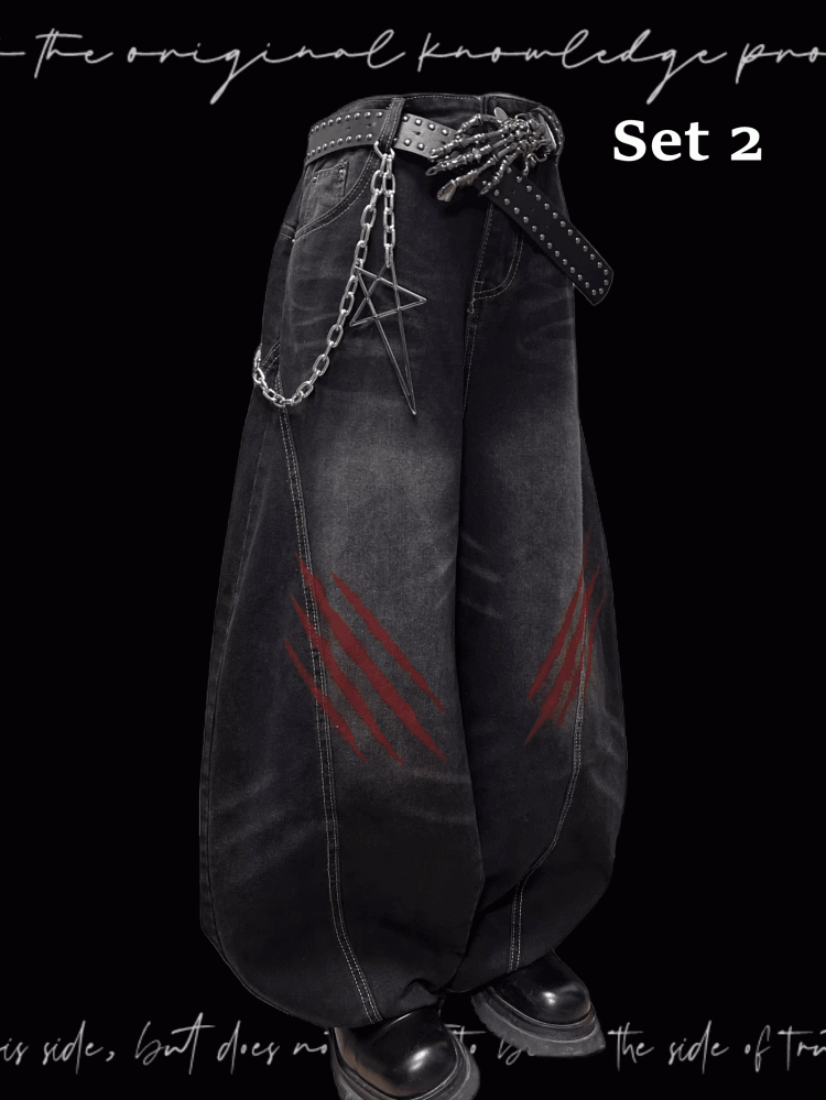Black Faded Wash Scratch Print Distressed Punk Wide-Leg Jeans