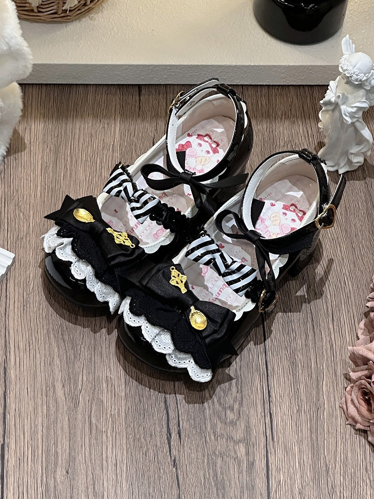 Black Spoon Decorated Bowknot Details Sweet Lolita High Block Heels