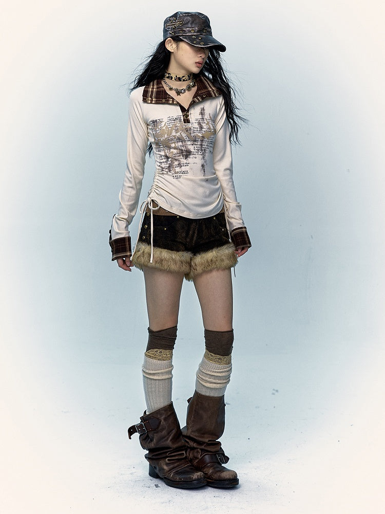 Plush Trim Corduroy Black & Yellow Shorts