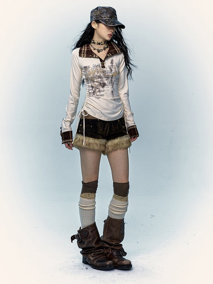 Plush Trim Corduroy Black & Yellow Shorts