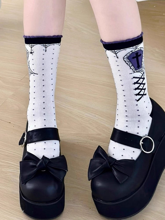Dark Purple Coffin Gothic Cross Print Polka-dot Pattern White Lolita Calf Socks