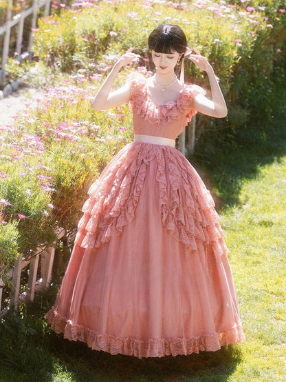 Wine Red/Pink Vintage Lace Ruffle Trim Off-the-shoulder Neckline Dress