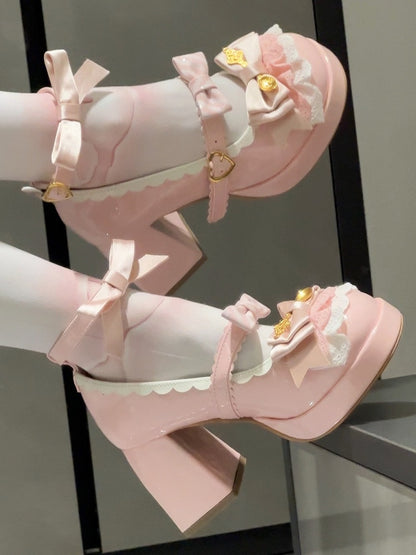 Sweet Lolita Pink Mary Janes - 8cm High Block Heel with Layered Lace, Bow Accents & Heart Buckle