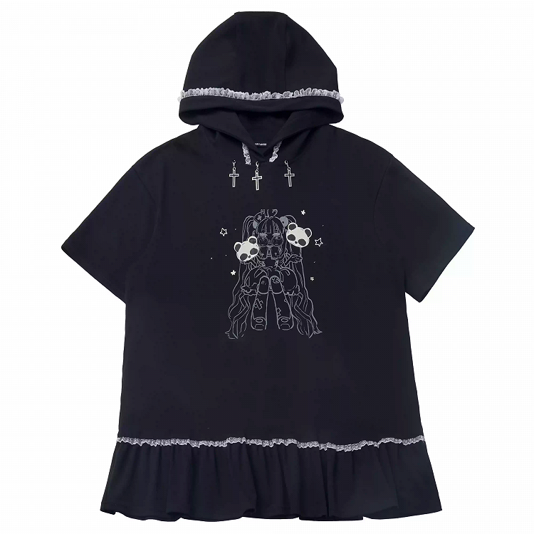 Black Cross Charms Contrast Lace Trim Bittersweet Girl Print Hooded Dress