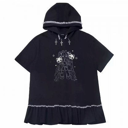 Black Cross Charms Contrast Lace Trim Bittersweet Girl Print Hooded Dress