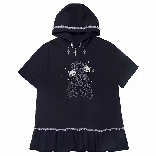 Black Cross Charms Contrast Lace Trim Bittersweet Girl Print Hooded Dress