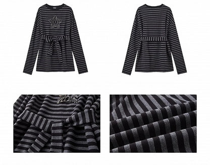 Black and Gray Striped Punk Pins Star Loose Long Sleeves Top