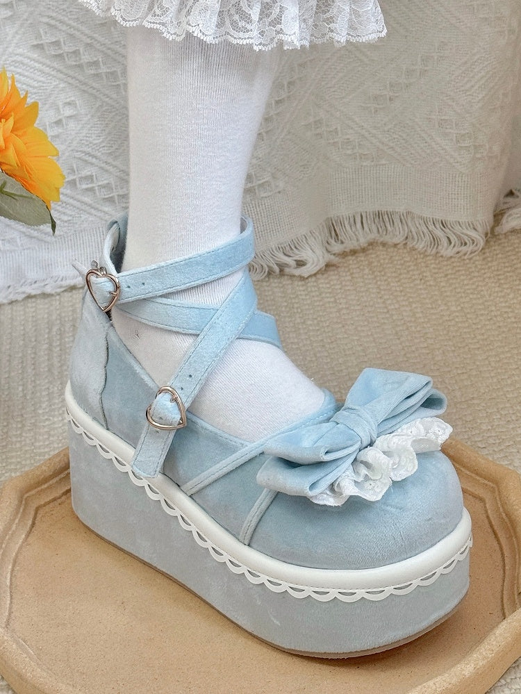 Velvet Blue Sweet Lolita Platform Mary Janes - Lace-Trimmed Bow, Heart Buckle & Crisscross Straps