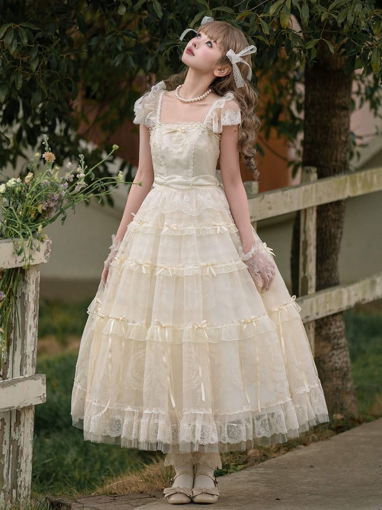 Creamy White Beads Neckline Ribbon Bow Accents Princess Lolita Dress
