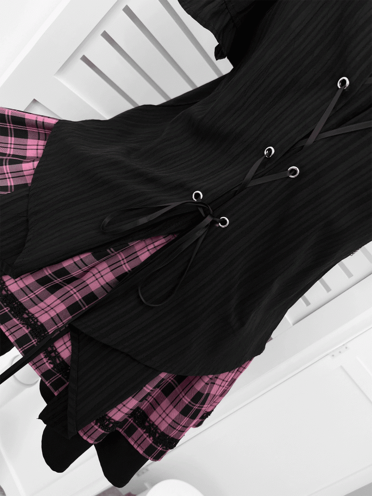 Y2K Chains Embellished Neckline Butterfly Print Black T-shirt with Pink Plaid Skirt Set