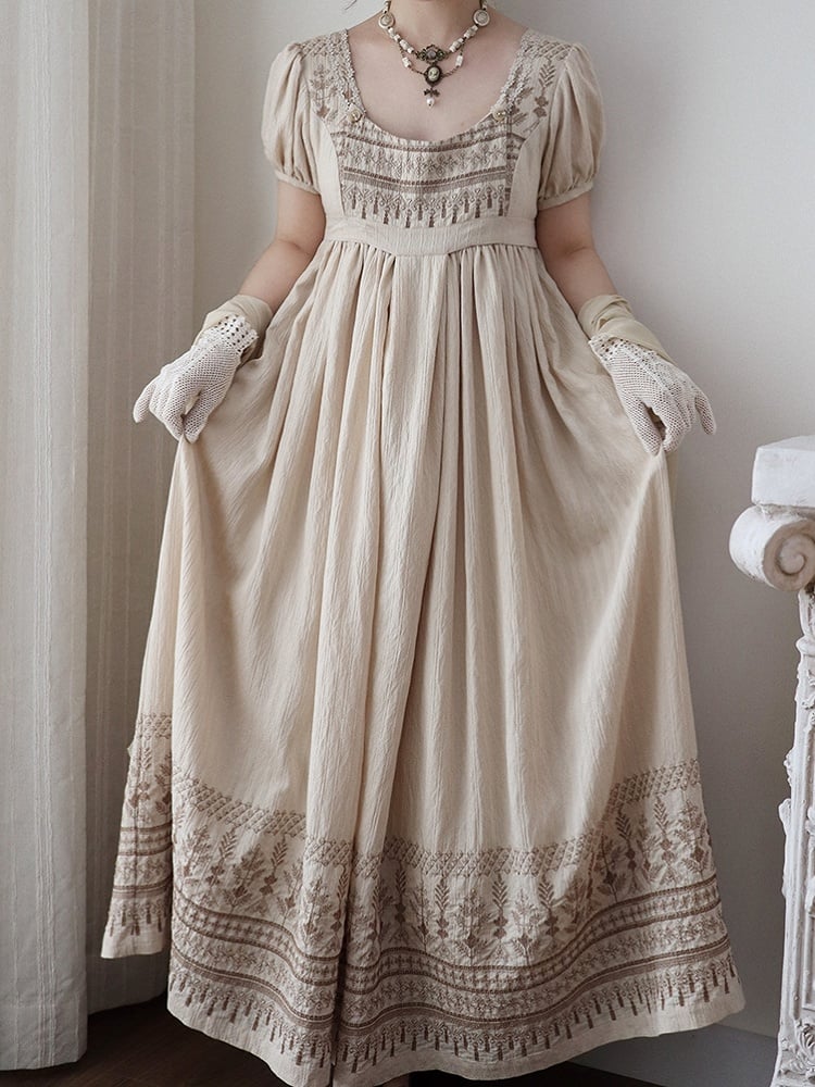 Foldover Design Neckline Brown Vintage Embroidery Empire Waist Elegant Lolita One Piece Long/Short Version