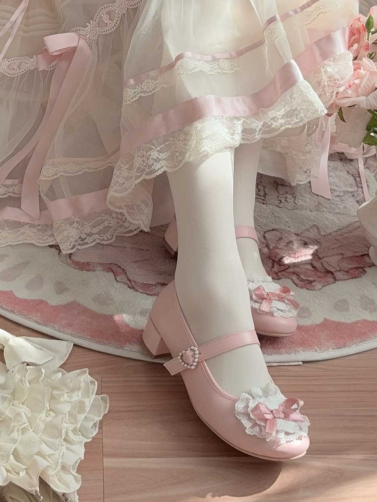 Pink Bow at Top Lace Trim Beaded Heart Buckles Lolita Shoes