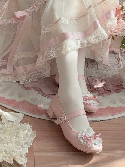 Pink Bow at Top Lace Trim Beaded Heart Buckles Lolita Shoes