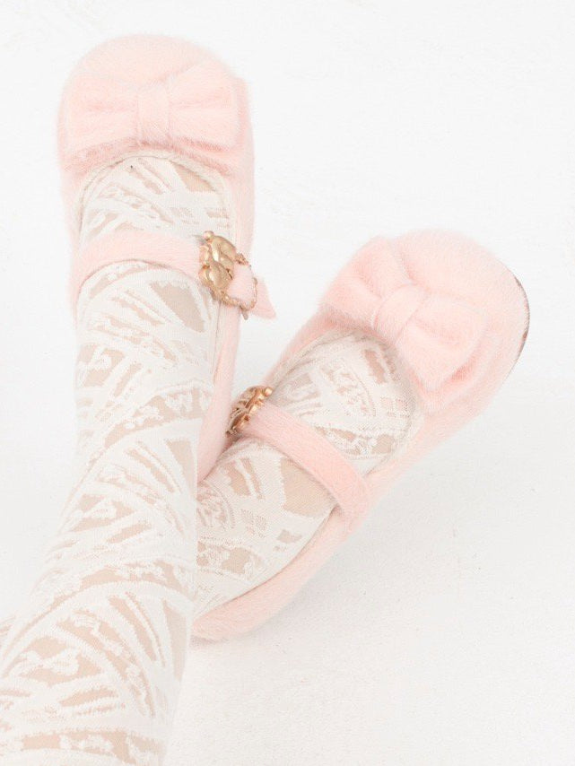 Plush Sweet Pink Flat Shoes for Lolita with Decorative Bow & Hugging Bear Clasps - Regular/Thicken Version
