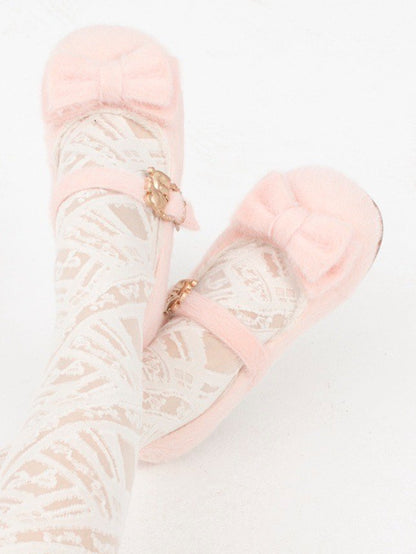 Plush Sweet Pink Flat Shoes for Lolita with Decorative Bow & Hugging Bear Clasps - Regular/Thicken Version