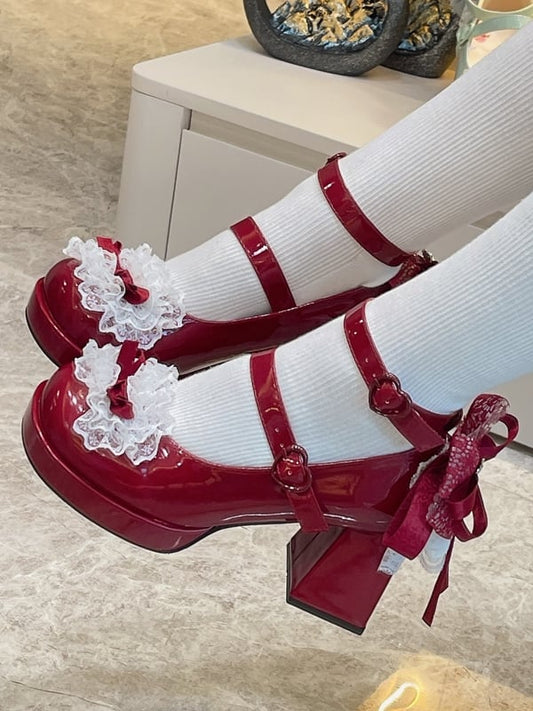 Red Knotted Bow at Top Lace Trim Heart Buckles High Block Heels